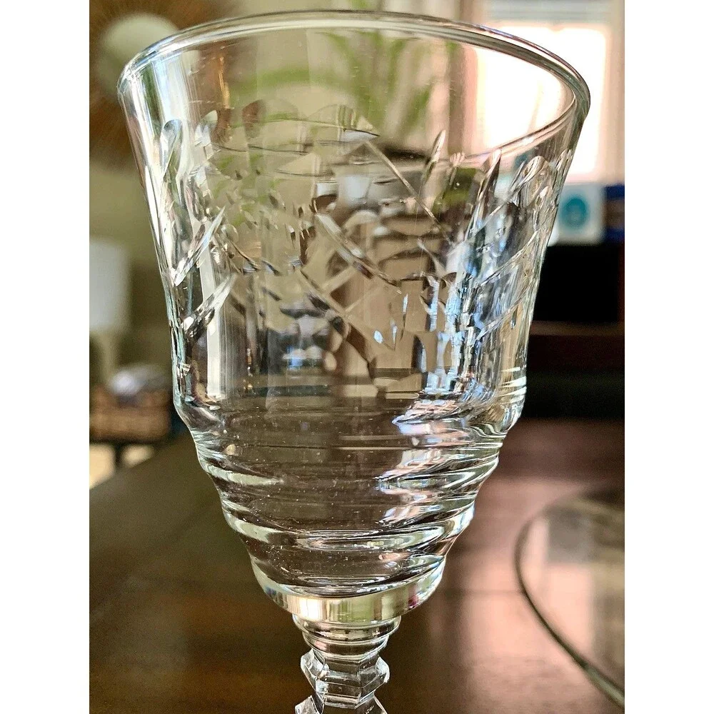 Vtg Libbey Rock Sharpe Artic Rose Crystal Water Goblets Set 5 Grandmillennial